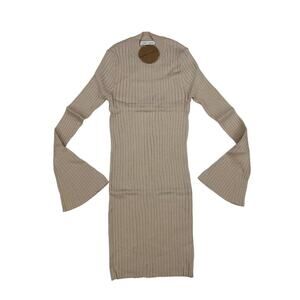 Honey Punch - Moch Neck Flare Sleeve Ribbed Mini Dress in Beige